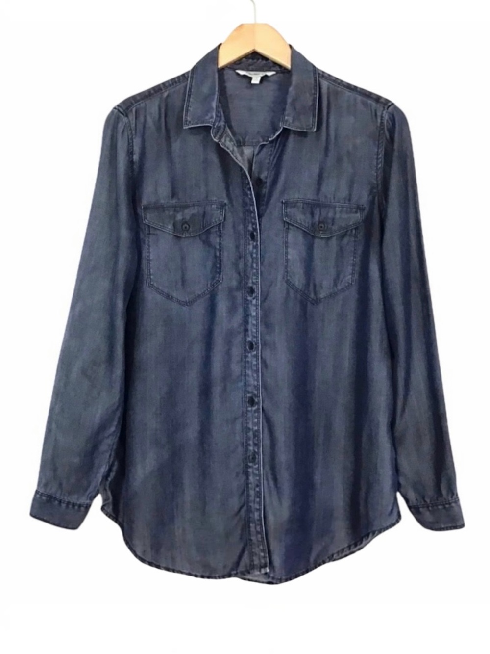Calvin Klein Denim-Look Chambray Shirt Size S Boyfriend Loose Fit Long Length